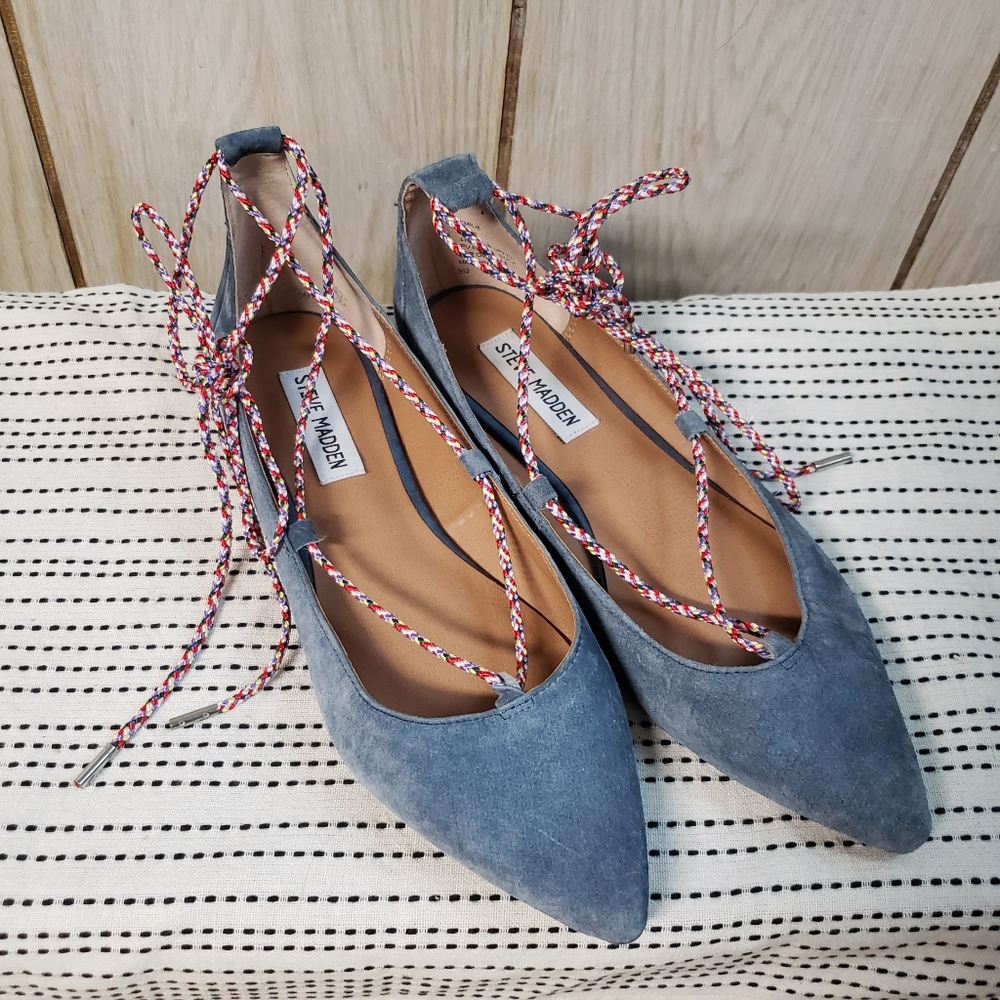 Steve Madden Womens Emilie Ballet Flats Blue Suede Ankle Strap Lace Up Shoes 7.5